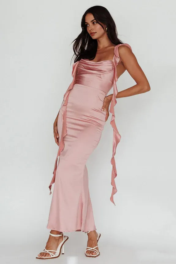 Robe Weitese à bretelles spaghetti, robe longue rose sans manches, robe de bal sirène à volants